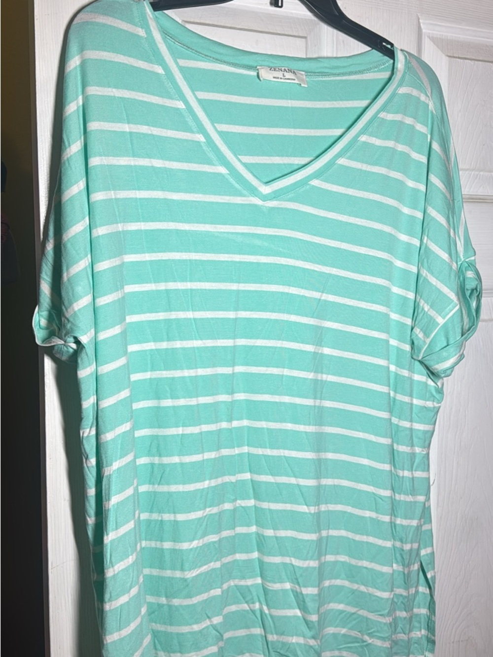 Zenana Outfitters Mint Green and White Striped V-Neck Short Sleeve Tee